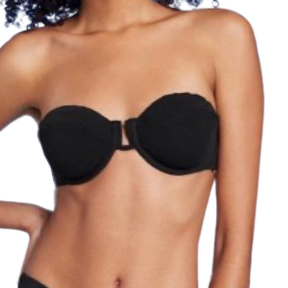 Strap or strapless black balconette underwire bikini top.